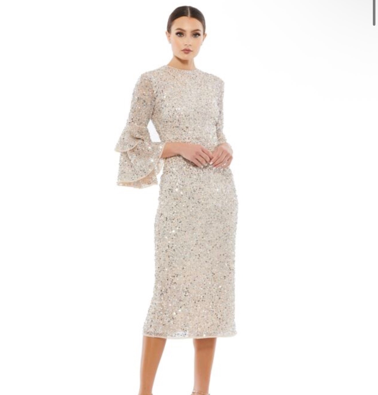 $458 Mac Duggal 10802 Bell Sleeve Sequin Dress Sz 2 Nude Silver